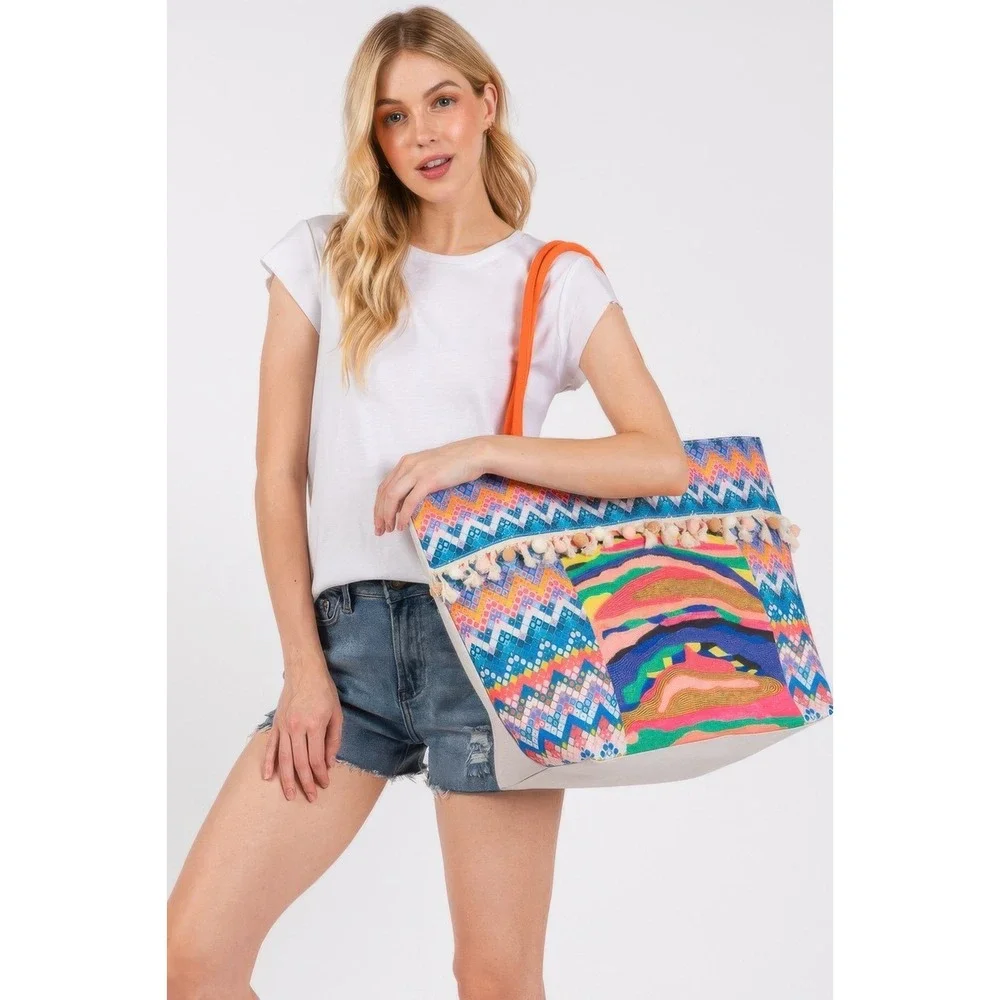 Tote Bag Women OS Multicolor New Beaded‎ Tassel Pom Pom Boho Beach Bag
